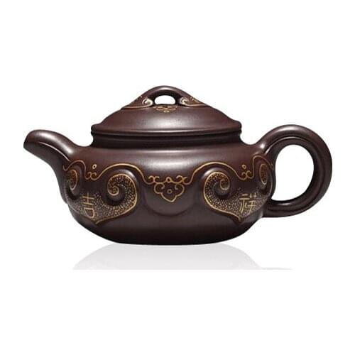 2018 Yixing teapot authentic master Wang Hongjuan all handmade ore quality old purple mud painted gold antique wishful teapot