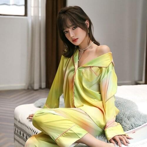 Autumn Luxury Lapel Pajamas Adult Women Ice silk Pajamas Sets High Quality Homewear Hot Sale Cardigan Long sleeve Satin Pajamas