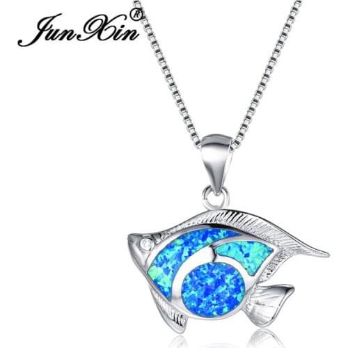 JUNXIN Ocean Blue Fire Opal Fish Pendant Necklaces For Women Men Silver Color Mystical Birthstone Necklace Wedding
