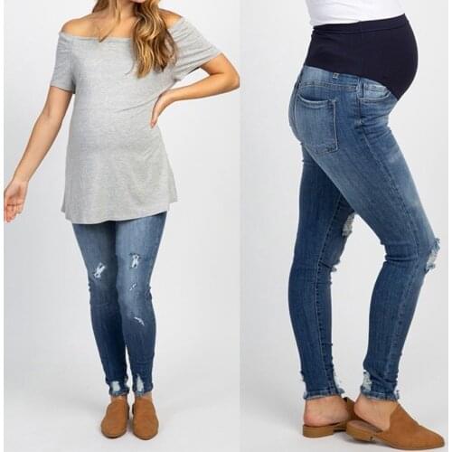Pregnant Woman Ripped Jeans Slim Maternity Pants Trousers Nursing Prop Belly Legging Hole Female Maternity Casual Jeans#l