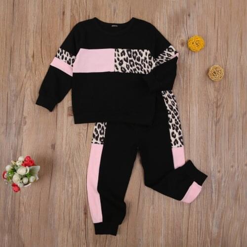 1-6Y Kids Girls Casual Clothes Set Leopard Patchwork Long Sleeve Pullover+Elastic Waist Long Pants 2Pcs Autumn Outfits Tracksuit