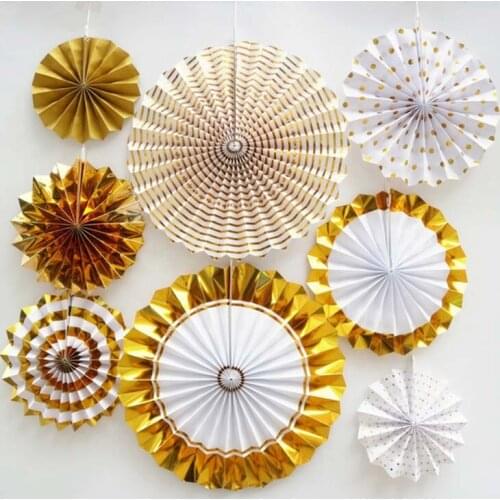 8Pcs/Set Gold Christmas Party Decorative Creative Paper Flower Fan Handmade Striped Folding Fan Party Supplie Wholesale