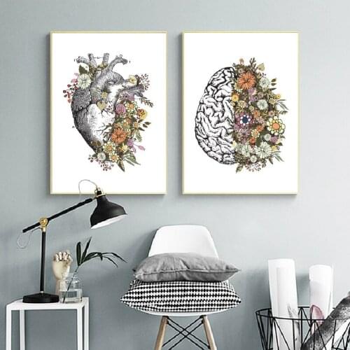 Vintage Wall Art Canvas with Floral Anatomy, Heart, Brain, Retro Posters and Prints, Wall Pictures, Medical Clinic Decor
