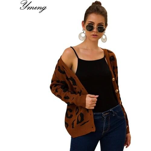 YMING Women Leopard Print Cardigan Sweater Long Sleeve V-neck Female Loose Knit Sweaters Casual Autumn Winter Fashion Coats