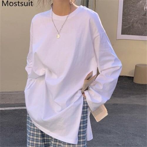 White Korean Loose T Shirt Tops Women Full Sleeve O-neck Splitting Tees Casual Fashion Basic T-shirts Femme 2021