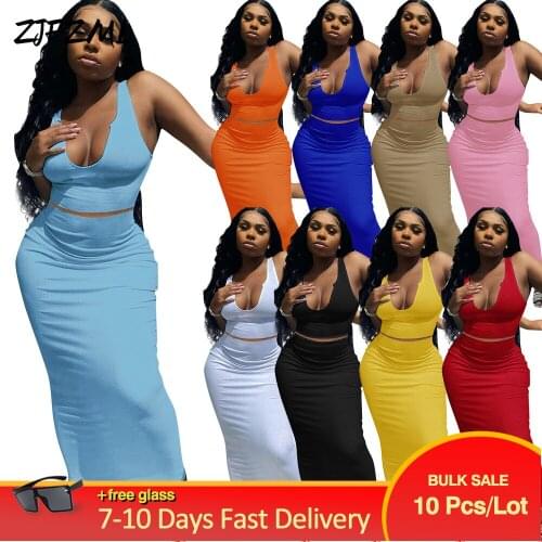 Wholesale Bulk Items Lots Women Clothing Two Piece Skirt Set V-neck Sleeveless Tank Top+bandage Maxi Dress Nightclub Vestidos