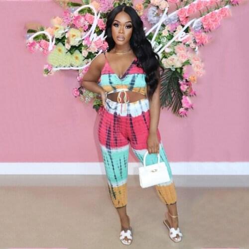 Tie Dye Print Vacation Outfits for Women Summer Beach Sexy Bandage Two Piece Set Crop Top and Loose Pant Set Women Streetwear