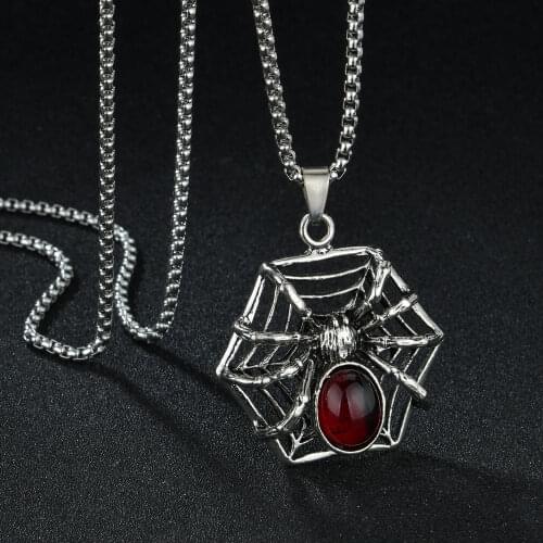1pcs Mens Punk Vintage Retro Black Widow Women Spider Pendant Necklace Gothic Red Stone Male Biker Goth Jewelry