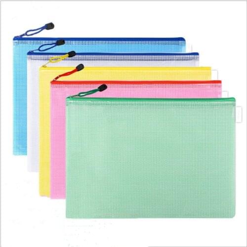 10pcs Mixed Color Mesh Zipper Pouches File Bag A3/A4/B5/A5 PVC Plastic Zip Document Folders Storage Bags