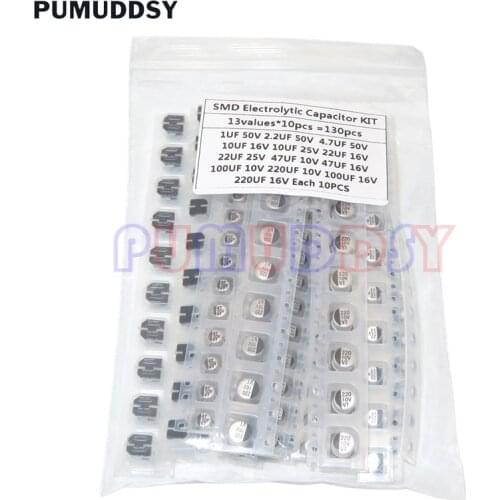 130PCS/LOT 1uF-220uF SMD Aluminum Electrolytic Capacitor Assorted Kit Set, PUMUDDSY 13Values*10PCS=130PCS Samples Kit