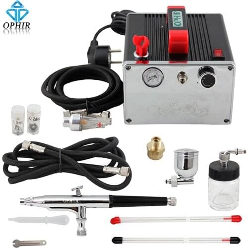 2016 OPHIR Pro 0.2mm 0.3mm 0.5mm Dual Action Airbrush Kit with Air Compressor for Hobby Cake Decoration 110V,220V#AC091+AC074