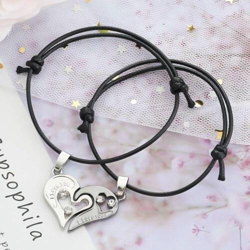 2PCs Heart-Shaped Stitching Bracelet Handmade Lucky Love Black Rope Chain Couple Bracelets Set Lovers Jewelry Girlfriend Gifts