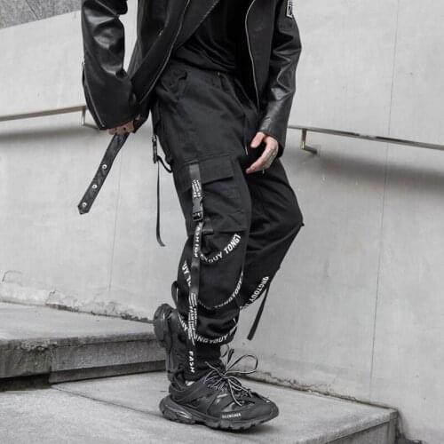 Western Style Black Ribbons Hip Hop Sweatpants Mens Joggers Trousers Cotton Hip Hop Causal Streetwear Cargo Harem Pants Men