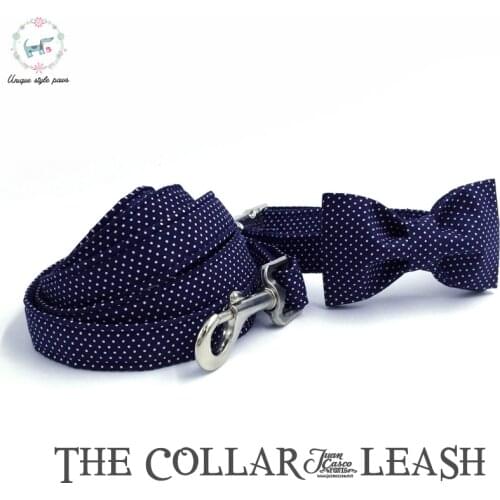 Blue Dog Collar or Leash Set with Bow Tie Personal Custom Adjustable Pet 100% Cotton Dog &Cat Necklace