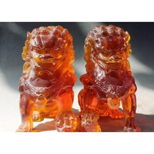 China FengShui Man-made Amber Guard Door Foo Dog Lion Play Ball Leo Statue Pair