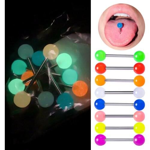 HONGTU 10pcs Glow In The Dark Acrylic Tongue Rings 14G Luminous Tongue Piercing Barbell Glowing Nipple Ring Sexy Body Jewelry