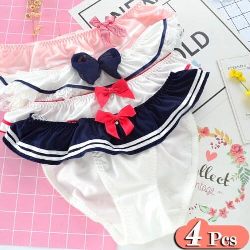 4Pcs/Lot Japan Style Cosplay Cartoon Panties Women Sexy Navy Wavy Lace Underwear Cute Girl Bow Milk Silk Ruffles Underpants Set
