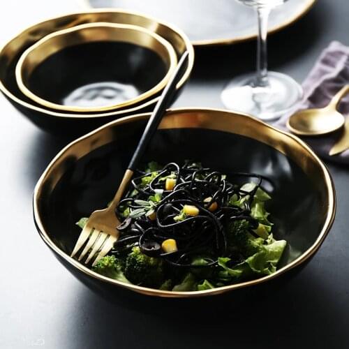 Minimalist Dinner Bowl Black Gold Ceramic Rice Bowl with Golden-edge Dinnerware Soup Noodle Decorative Bowl Ceramic Salad Bowl