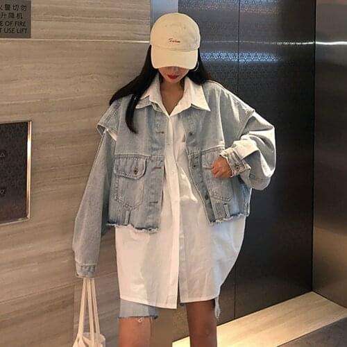 2021 spring and autumn long-sleeved stitching design fashion womens shirt + sleeveless all-match denim jacket 2-piece leisure