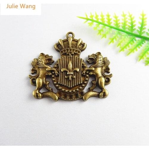 Julie Wang 5PCS Antique Bronze Lion Guardian Badge Charms Pendants Jewelry Making Necklace Gifts Key Chains Accessory