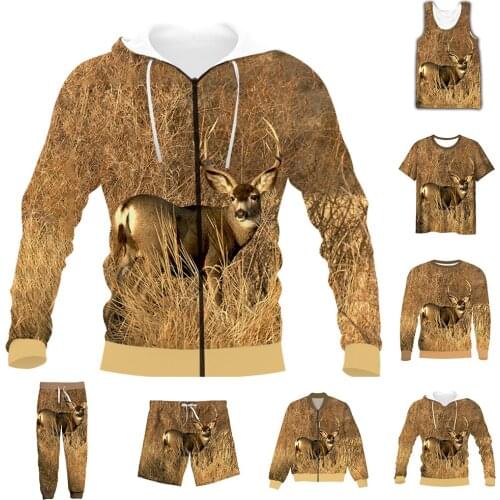 New Funny 3D Full Print Hunting Deer T-shirt/Sweatshirt/Zip Hoodies/Thin Jacket/Pants Four Seasons Casual Suit V49