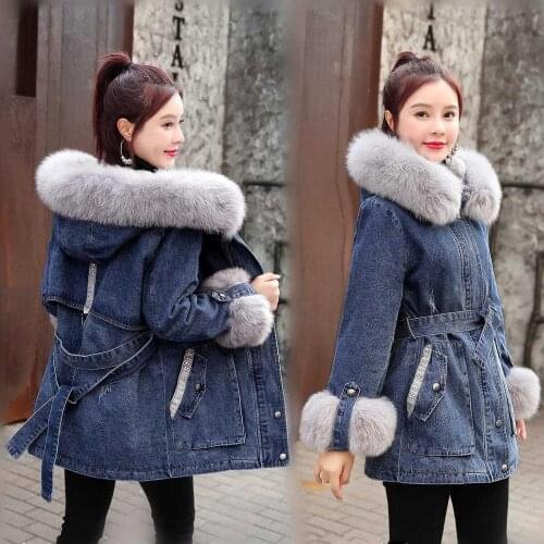 2021 New Fur Coat Winter Womens Denim Jacket Female Jean Jackets Woman Parka Long Plus Velvet Windbreaker Ladies Coats Fashion