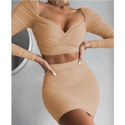 Fall Winter 2021 Elegant Long Sleeve Sqaure Neck Crop Top Pleated Mini Skirt Two Piece Set Sexy Party Club Missnight