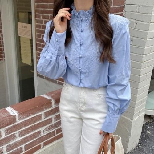 Ruffle Cute Blouse Women 2021 Spring Fall Loose Long Sleeve Button Up Tops Female Sweet Stand-Up Collar Pleated Shirts Blusas