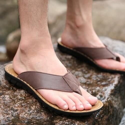 Summer Casual Mens Flip Flops Flat Sandals Shoes Cow Split Leather Flip Flops Beach Sandals Shoes Man Outside Shoes