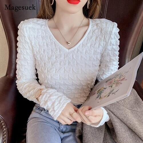 Korean 2021 Autumn Spring Folds Solid Pattern Long Sleeve T-shirt New V-neck Tops Elegant Sweet Womens Slim Shirt Blusas 16505