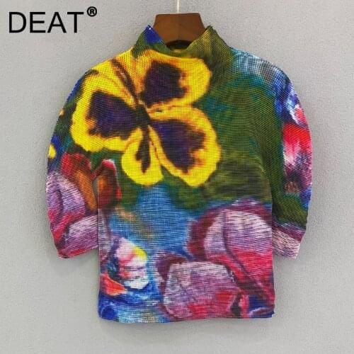 DEAT Women Pleated T Shirt Print Hit Color Half Sleeve Stand Collar High Elastic Casual Style 2021 New Autumn Fashion 15JK690