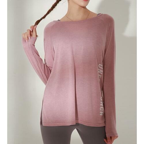 Ladies Yoga Sports Long Sleeve T-Shirt Letter Printing Quick-drying Loose Side Bandage Yoga Running Fitness O-neck Sports Top