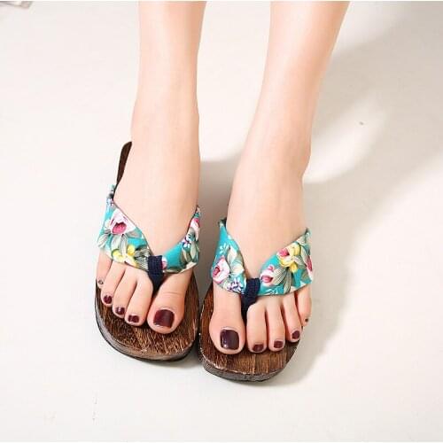 Womens Casual Summer Slippers Natural Wood Floral Prints Cotton Fabric Med Heel Sandals/Flip Flops Japan Geta Cosplay Shoe