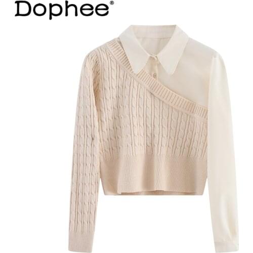 Fashion Fake Two Pieces Top 2021 Spring New Long Sleeve Pullover Polo Collar Patchwork Knitting Shirt for Women