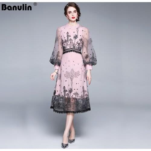2021 Spring Women Luxury Embroidery Lace Dress Festa High Quality Lantern Sleeve Elegant Party Robe Femme Vintage Vestidos