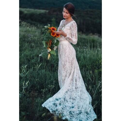 11187#Deep V-Neck Sexy Long Sleeve Bridal Dress Sweep Train Lace Bohemian Boho Beach Wedding Dress Wedding Gown Bridal Gown