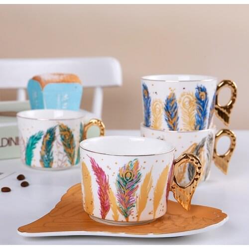 200ml Angel Ceramic Coffee Cup and Saucer Set with Feather European Style Tea Cup Luxury and Elegant Water Mug Kitchen Drinkware