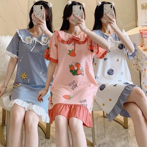 2021 Summer Short Sleeve Cotton Print Nightgowns for Women Korean Loose Sleepwear Femme Night Dress Nightdress Home Dress Nighty