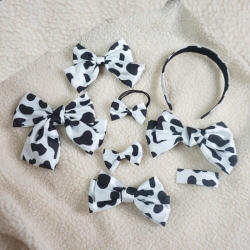 Handmade Cute Cows Pattern Hair Accessories Girl Bow Large Intestine Hair Ring and Hairpins Lolita Japanese and Korean Headdress
