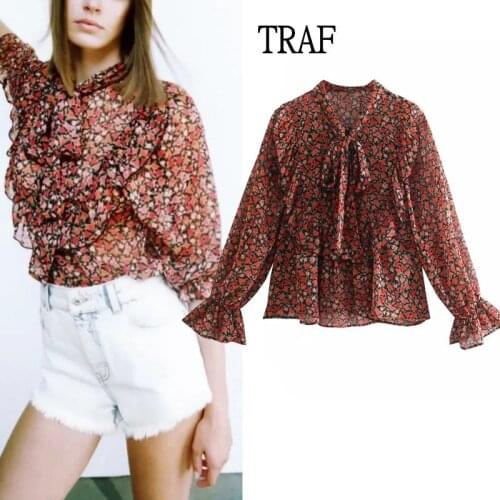TRAF Za Womens Shirt 2021 Vintage Ruffle Print Long Sleeve Women Summer Top Fashion Bow Woman Clothing Elegant Blouses Chic Top