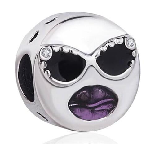 Genuine 925 Sterling Silver Bead Charm Black & Purple Enamel Lip & Sunglasses Stay Cool Beads Fit Pan Bracelet & Necklace