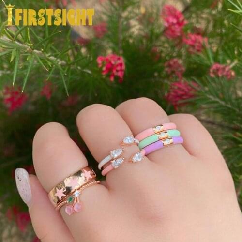 Rose Gold Color Open Adjusted Band Pastel Enamel Light Pink Blue Purple 5A Tear Drop CZ Fashion Colorful Women Finger Jewelry
