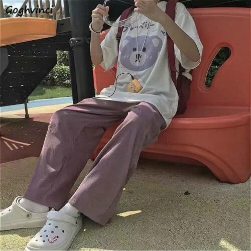 Casual Pants Women Wide-leg Corduroy Harajuku Loose Solid 5-color Purple Chic Fashion Vintage Leisure Trousers Autumn Mopping