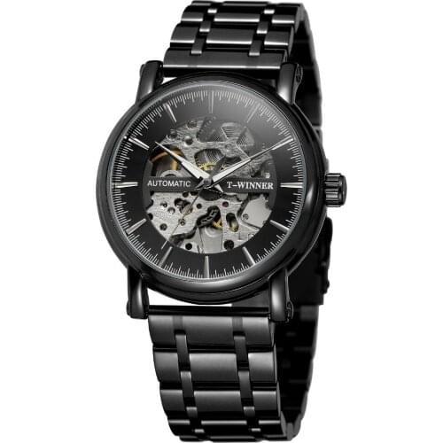Winner Top Brand Steampunk Montre Homme Black Retro Casual Mens Watches Luxury Full Steel Skeleton Mechanical Transparent Watch