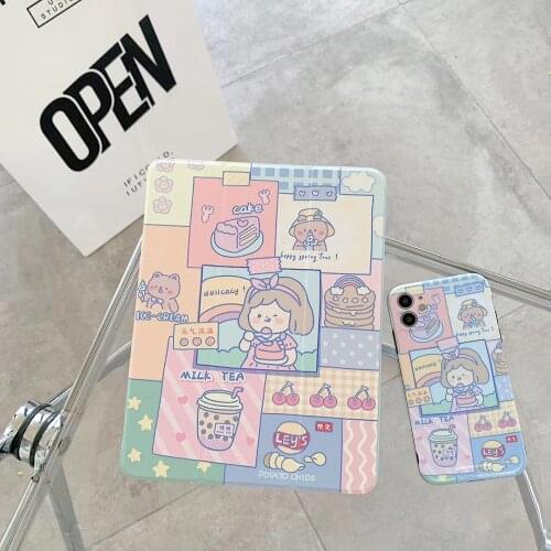 Cute Cartoon For iPad pro 11 inch10.5 inch 2019 10.2 inch 9.7 inch mini5 7.9 inch Case Cover Pencil Holder Milk tea snack girl