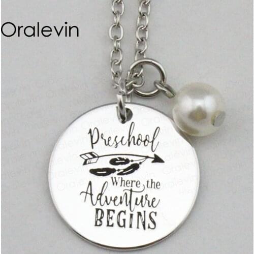 PRESCHOOL WHERE THE ADVENTURE BEGINS Inspired Hand Stamped Engraved Custom Charm Pendant Necklace Jewelry,10Pcs/Lot, #LN2348