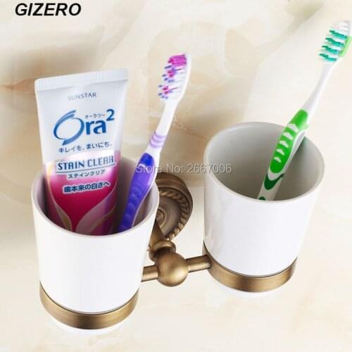 GIZERO Free shipping Hotel Wall Antique Brass Double Ceramic Cup&Tumbler Holders Bathroom Accessories Toothbrush Holder GI1643