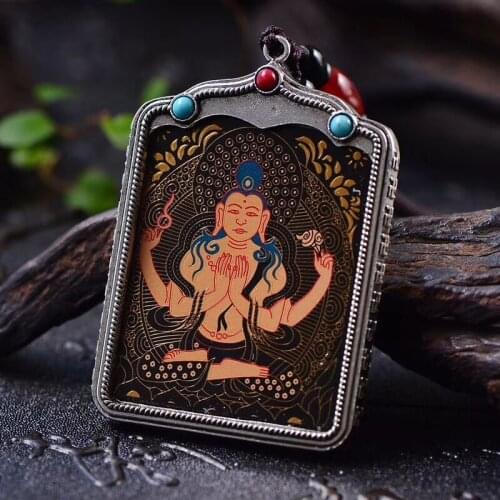 GOOD Efficacious Amulet Greco-Buddhist pocket travel Mascot Four-armed Guanyin buddha Auspicious Tibet Buddha card Pendant