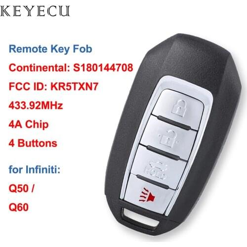 Keyecu S180144708 Remote Car Key Fob 4 Buttons 433.92MHz with 4A Chip for Infiniti Q50 Q60 2019 2020 FCC ID: KR5TXN7