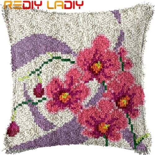 Latch Hook Cushion Pink Orchid Pre-Printed Canvas Cushion Front Acrylic Yarn Crochet Pillow Case Kit Sofa Bed Pillows Home Decor